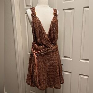 Free People Bronze Gold Sequin Wrap Mini Skirt and Bodysuit Set Size L
